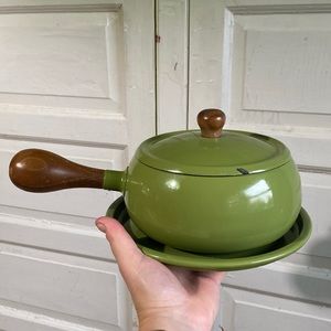 Olive Green Fondue Pot W/Lid and base Midcentury design, Japan